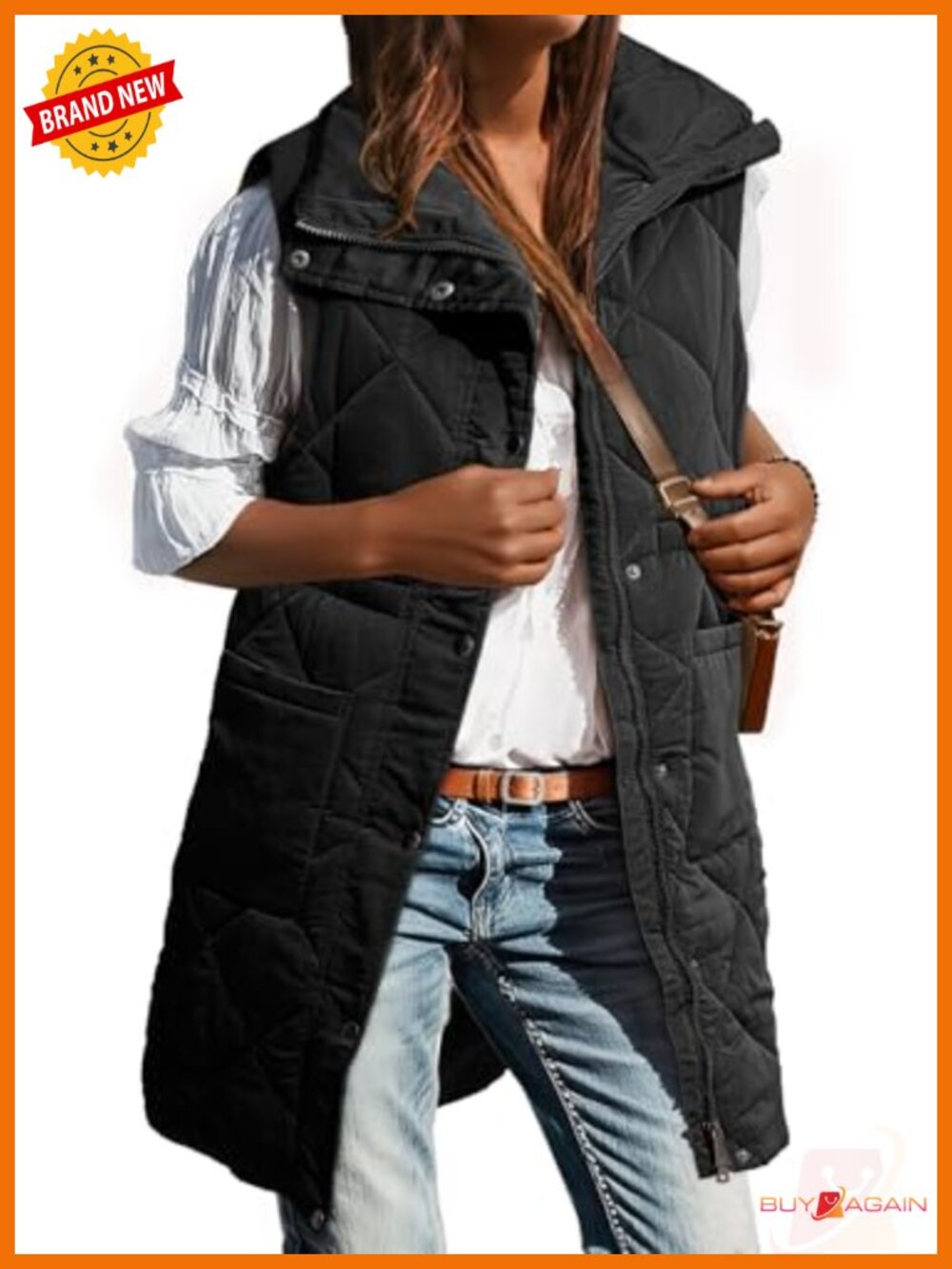 Women's Long Puffer Vest Stand Collar Snap Front Sleeveless Coat